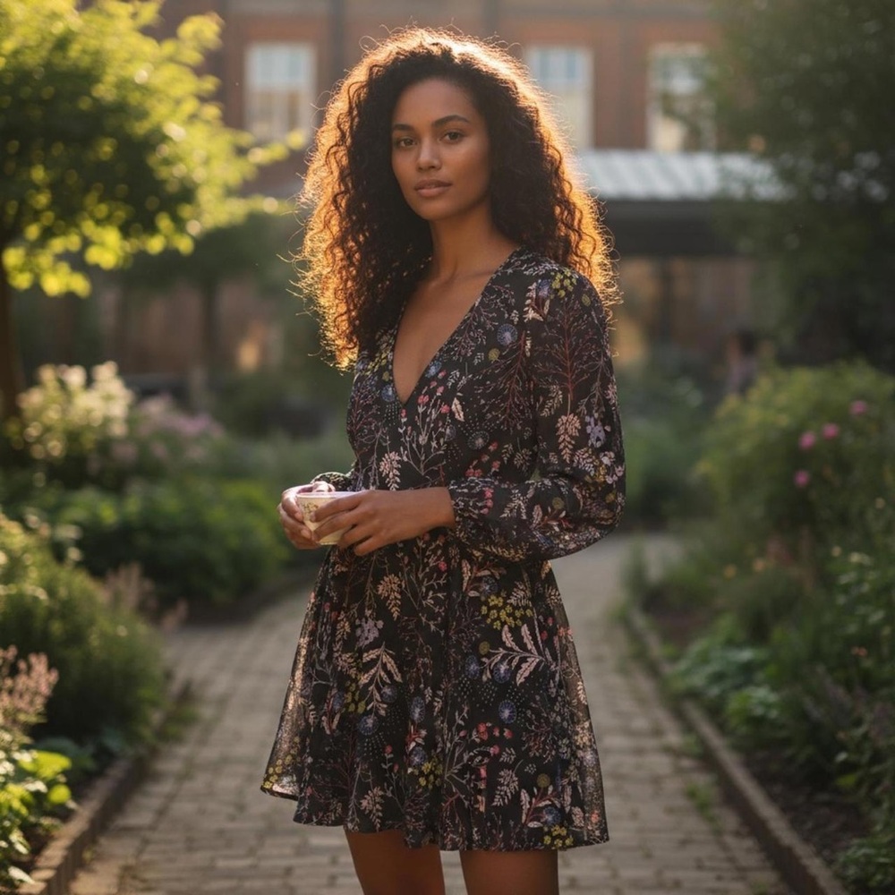 Kimchi Blue Black Floral V-Neck Long-Sleeve Mini Dress